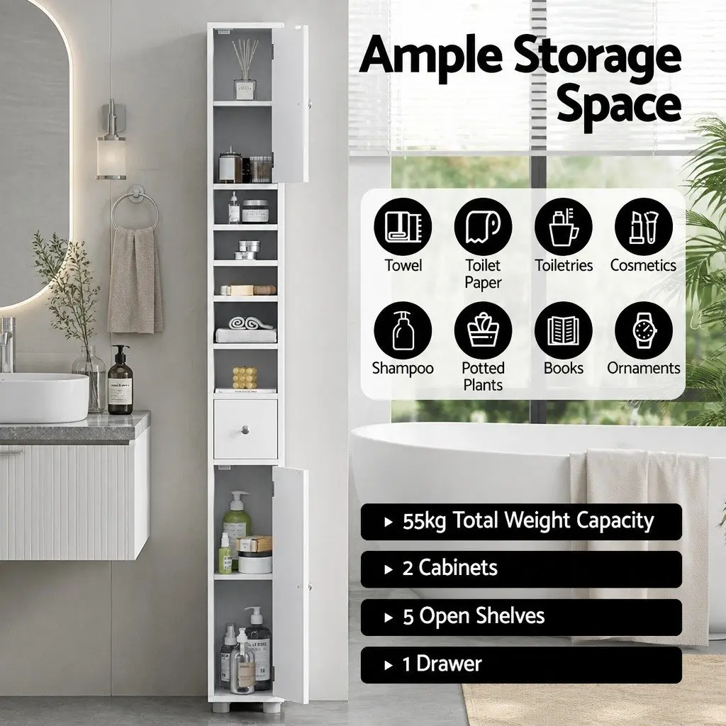 Bathroom Storage Cabinet MDF 180cm Tall Slim Floor Cupboard White
