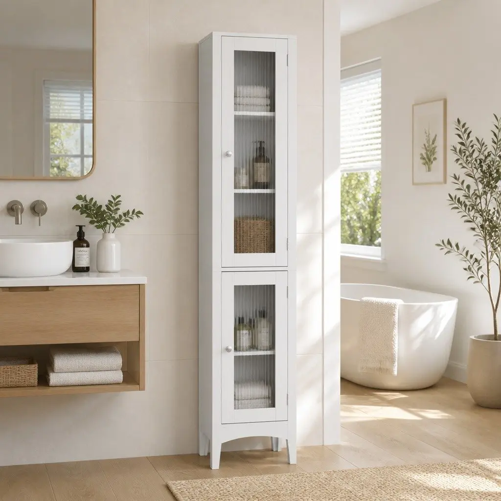 Bathroom Cabinet MDF 160cm Tall Slim Floor Cupboard White