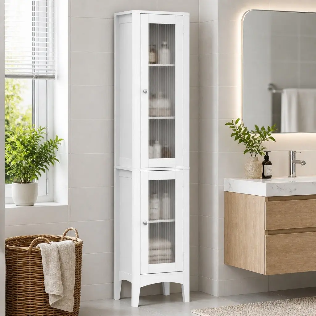 160cm Tall Slim Floor Cabinet with Glass Doors