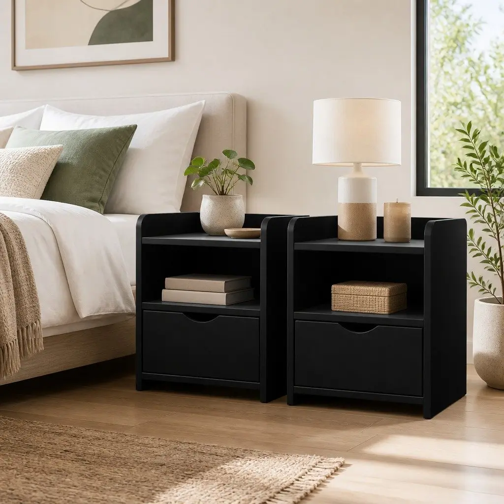 Black Bedside Table with Drawer and Shelves