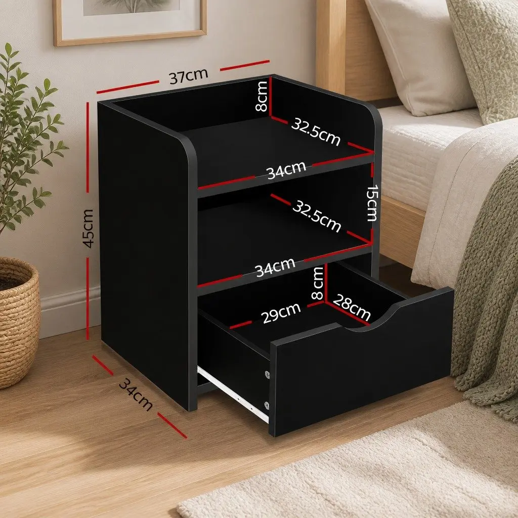 Black Bedside Table with Drawer and Shelves