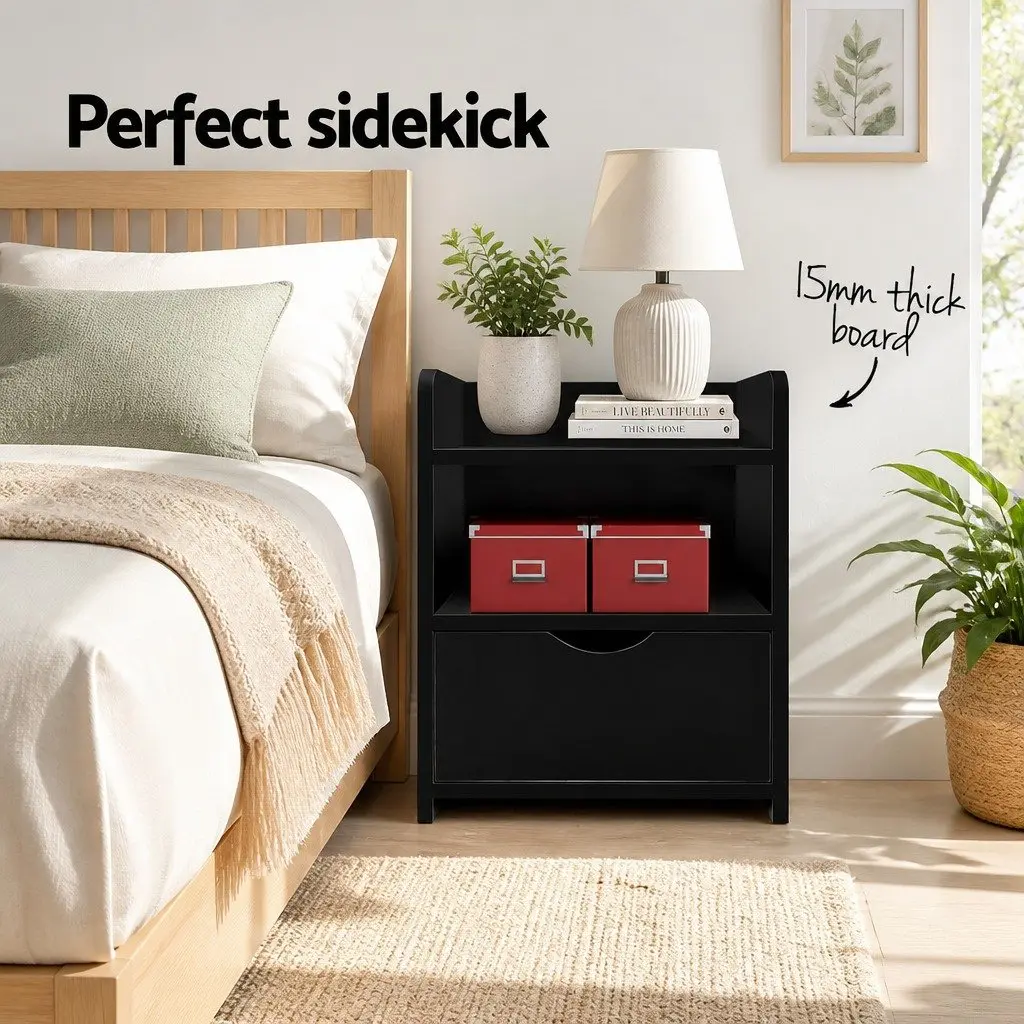 Black Bedside Table with Drawer and Shelves