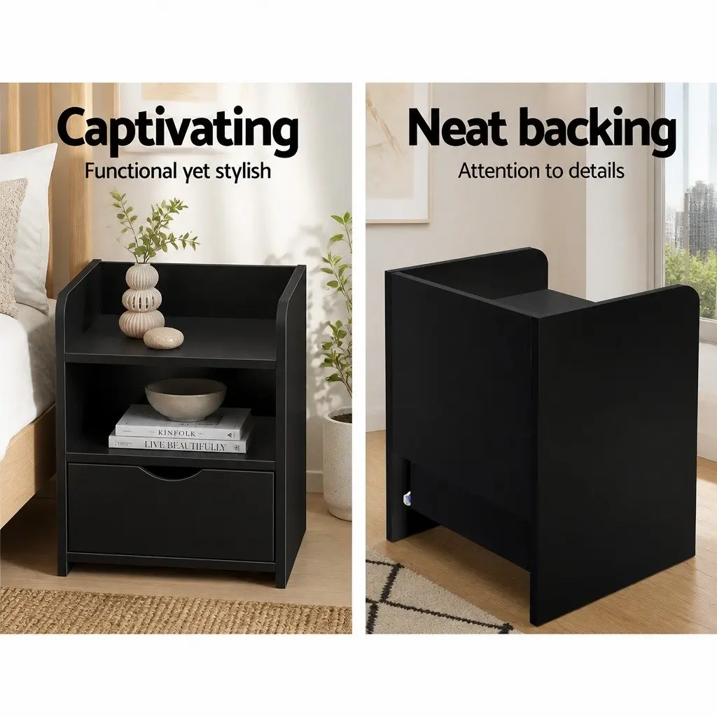 Black Bedside Table with Drawer and Shelves