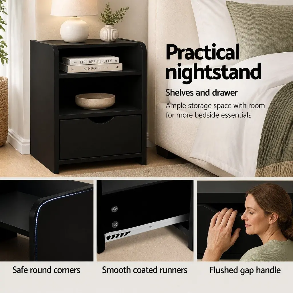 Black Bedside Table with Drawer and Shelves