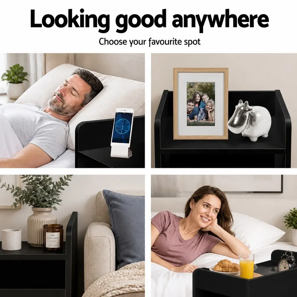 Black Bedside Table with Drawer and Shelves
