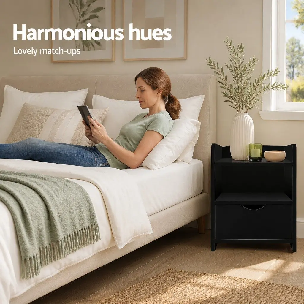 Black Bedside Table with Drawer and Shelves
