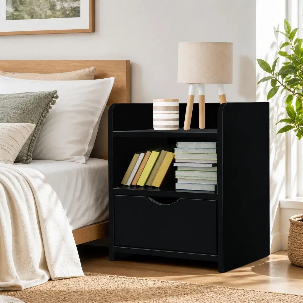Black Bedside Table with Drawer and Shelf
