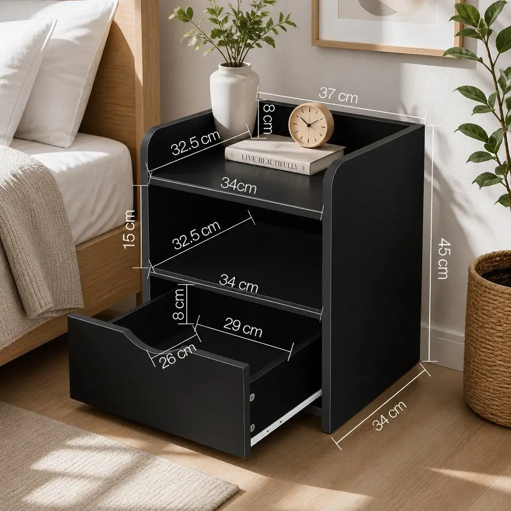 Black Bedside Table with Drawer and Shelf