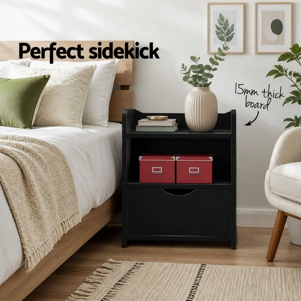 Black Bedside Table with Drawer and Shelf