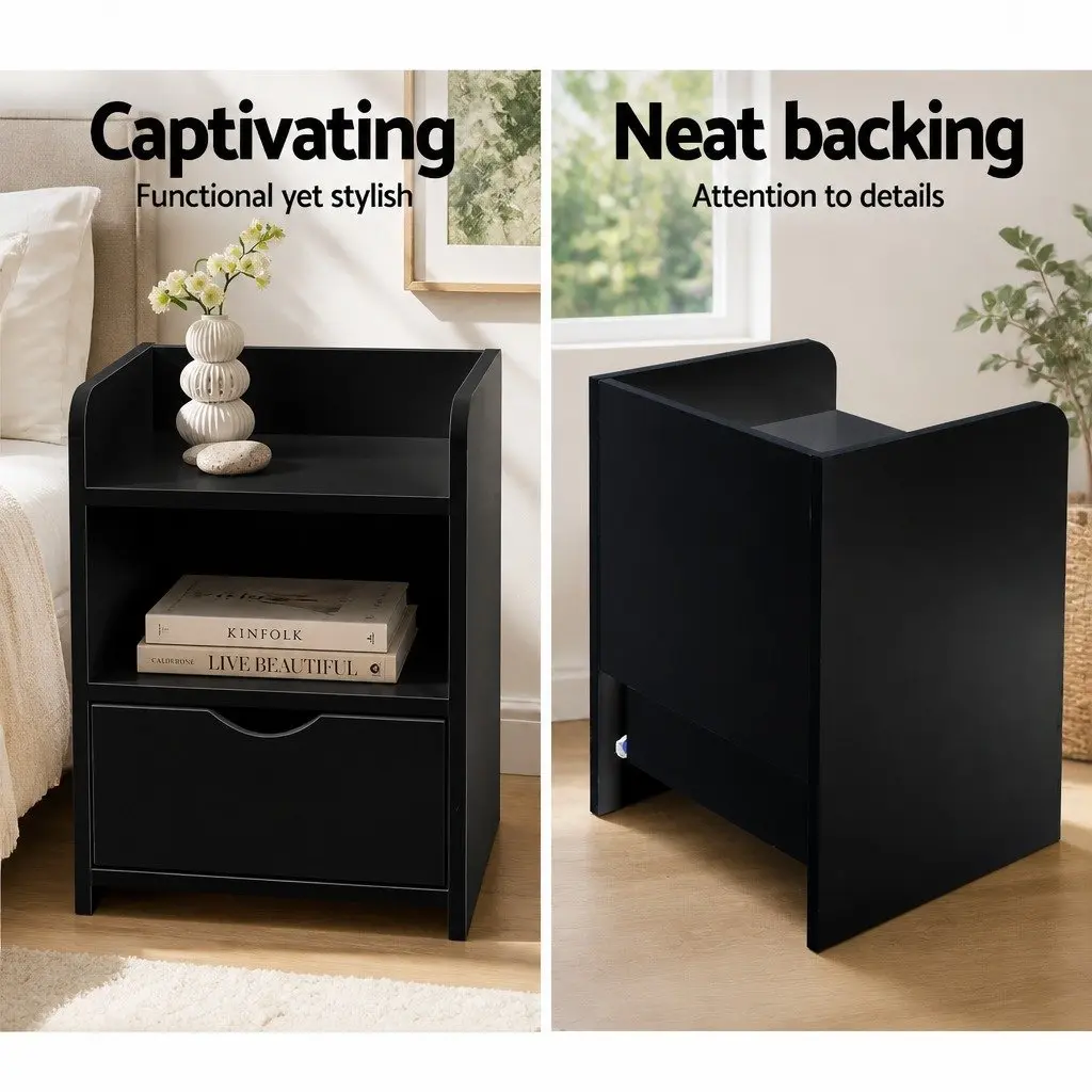 Black Bedside Table with Drawer and Shelf