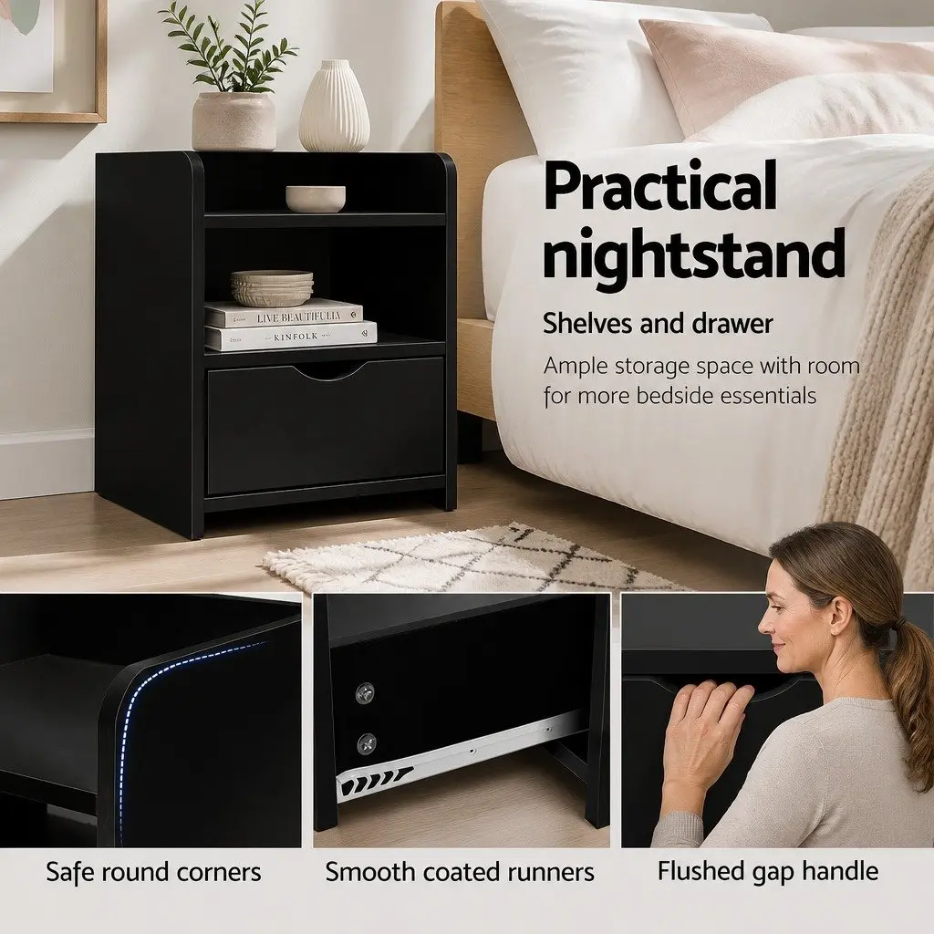 Black Bedside Table with Drawer and Shelf