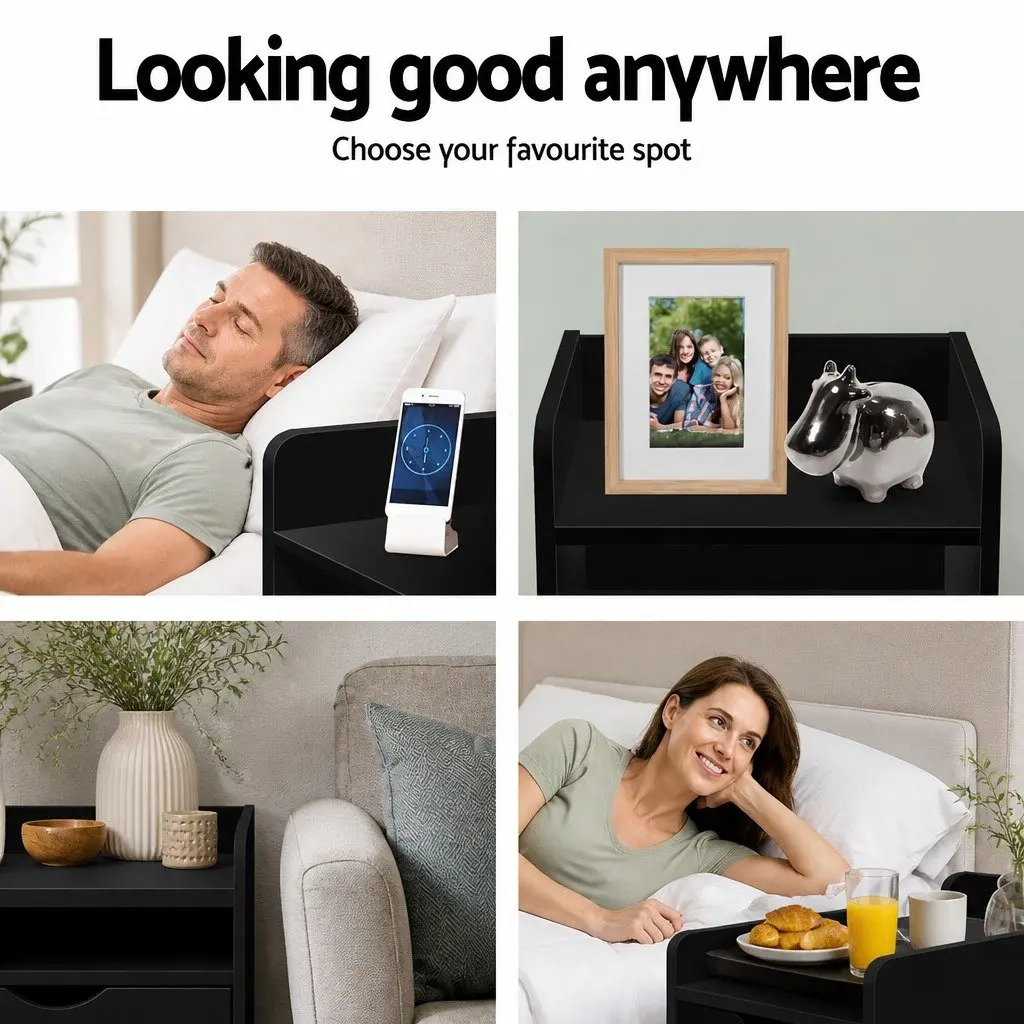 Black Bedside Table with Drawer and Shelf