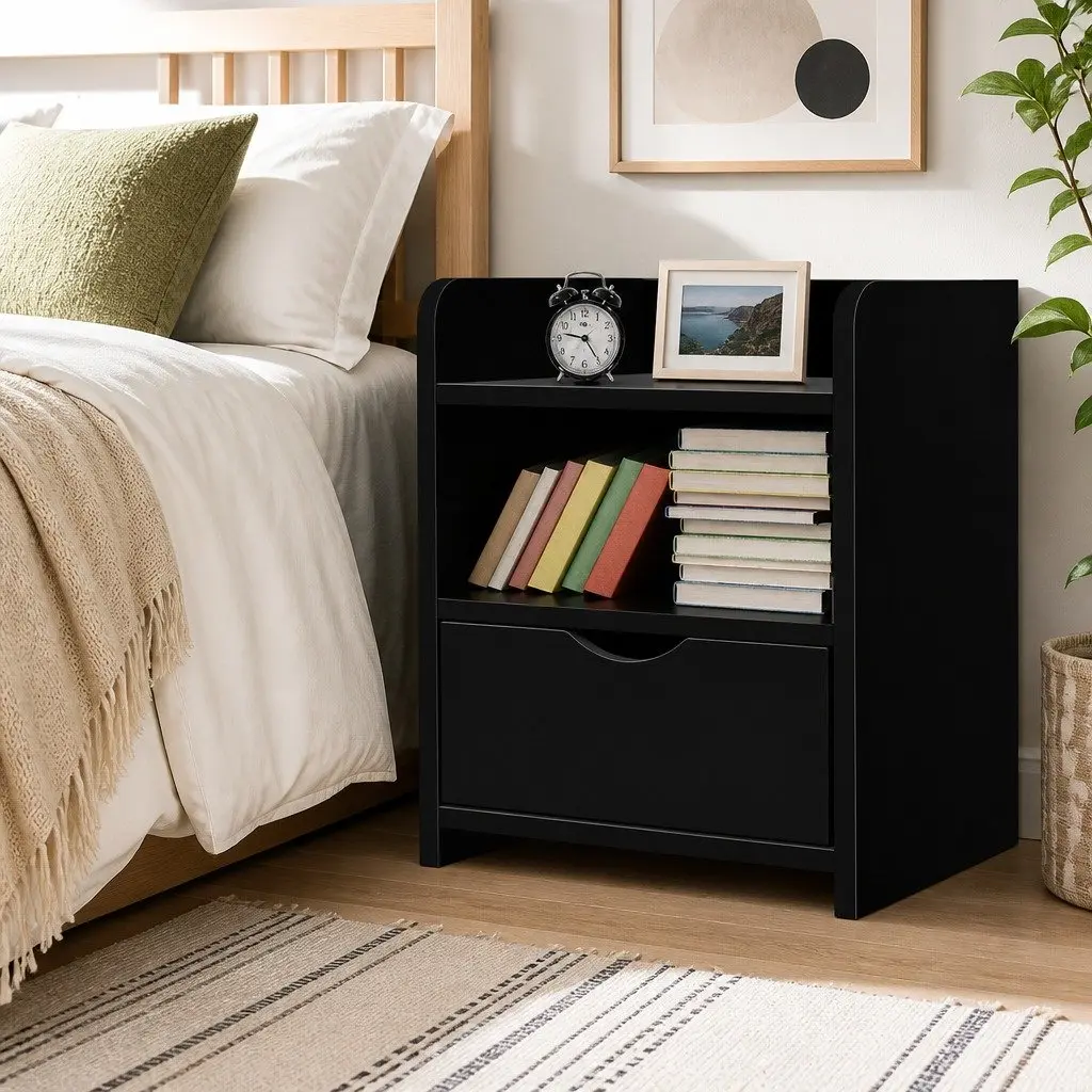 Black Bedside Table with Drawer and Shelf