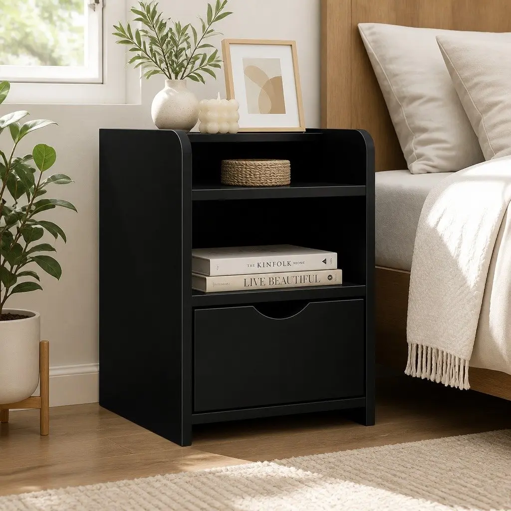 Black Bedside Table with Drawer and Shelf