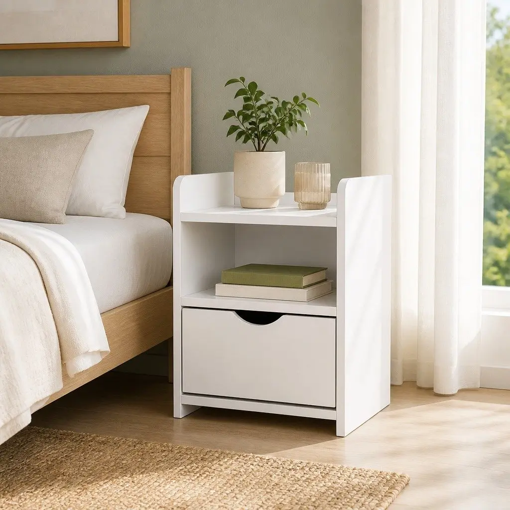 White Bedside Table with Drawer and Shelf