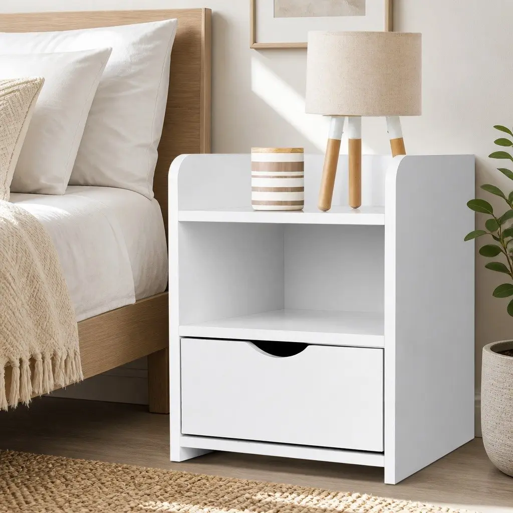 White Bedside Table with Drawer and Shelf