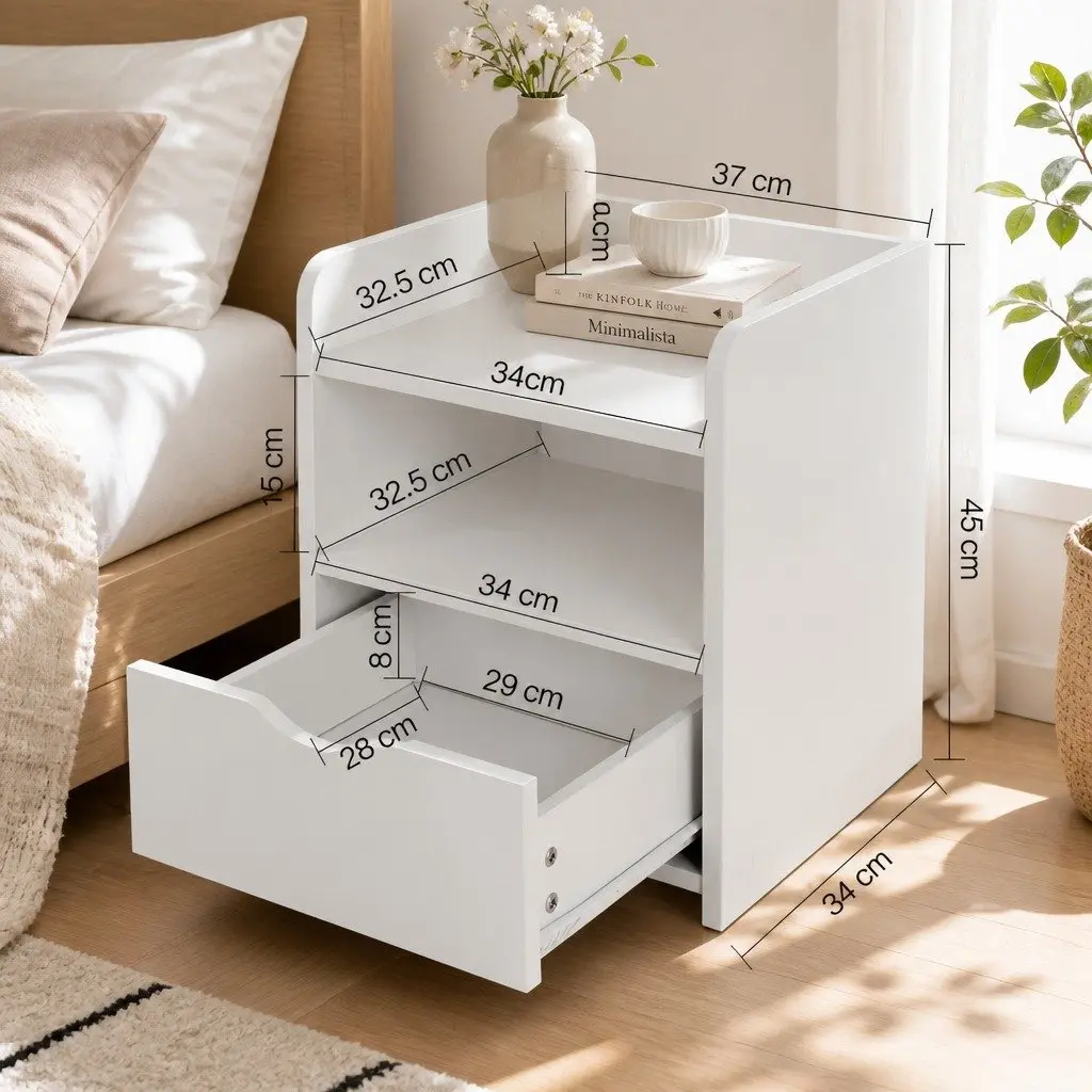 White Bedside Table with Drawer and Shelf