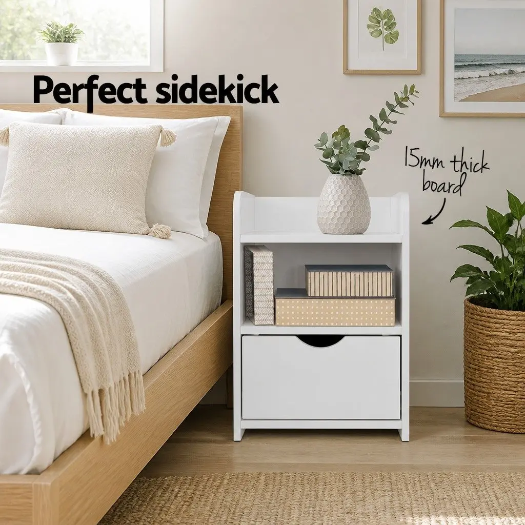 White Bedside Table with Drawer and Shelf