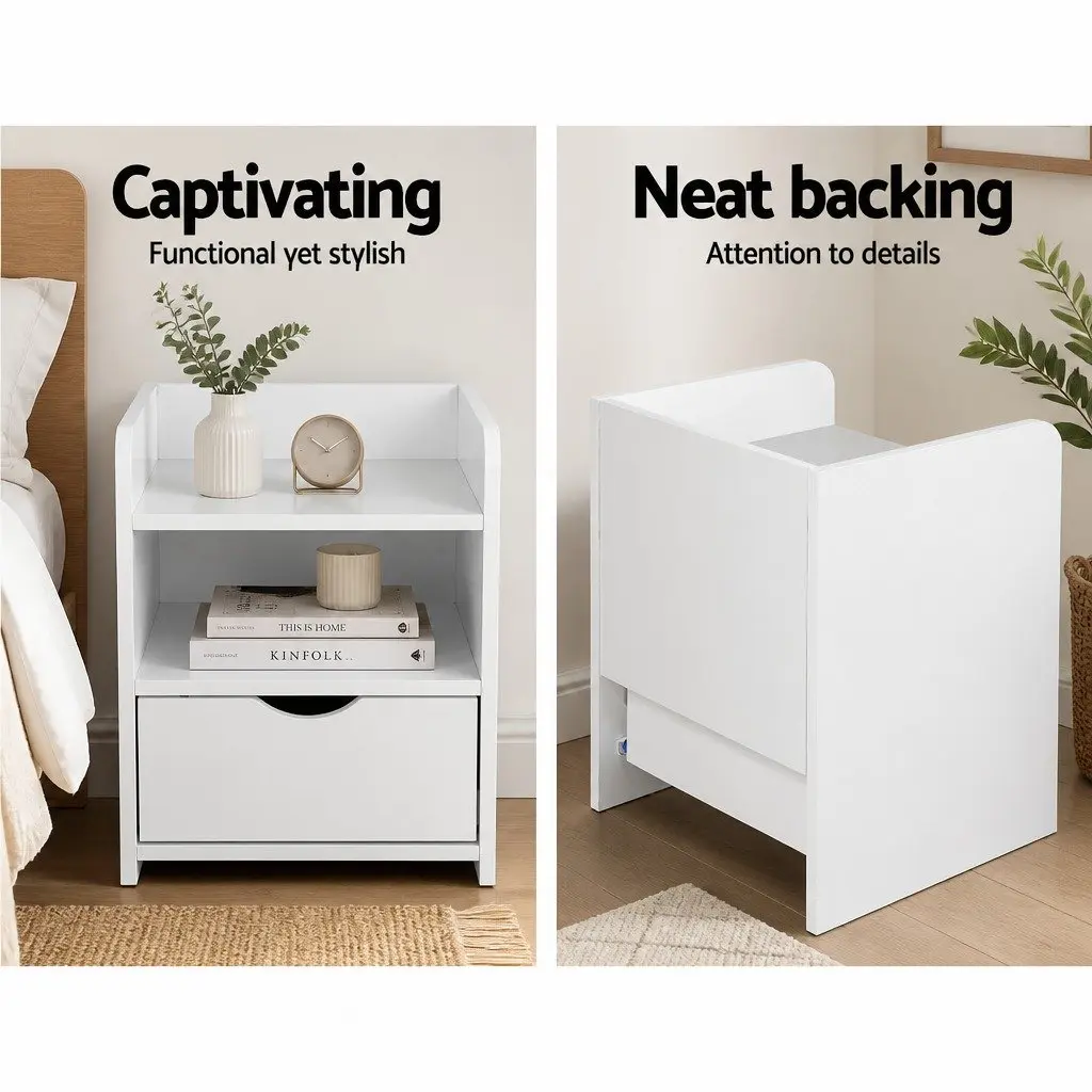 White Bedside Table with Drawer and Shelf