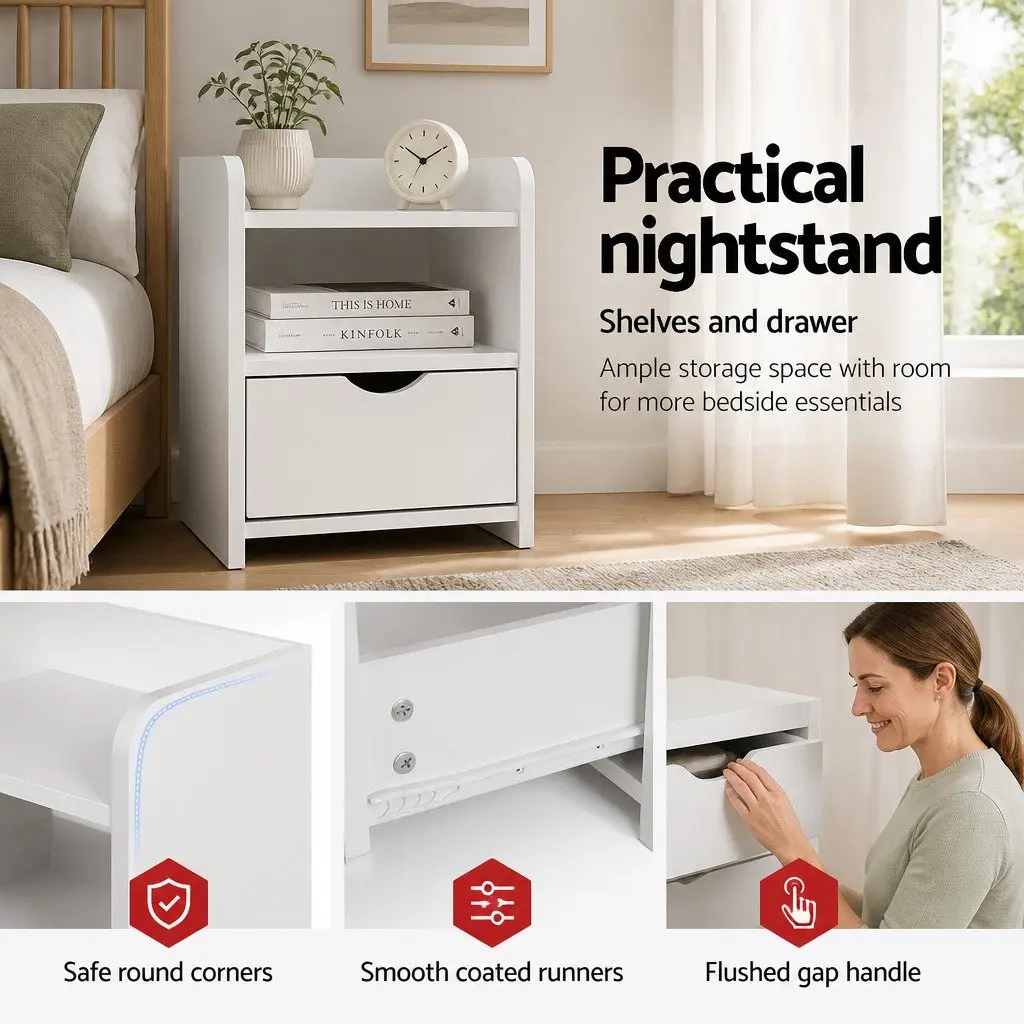 White Bedside Table with Drawer and Shelf