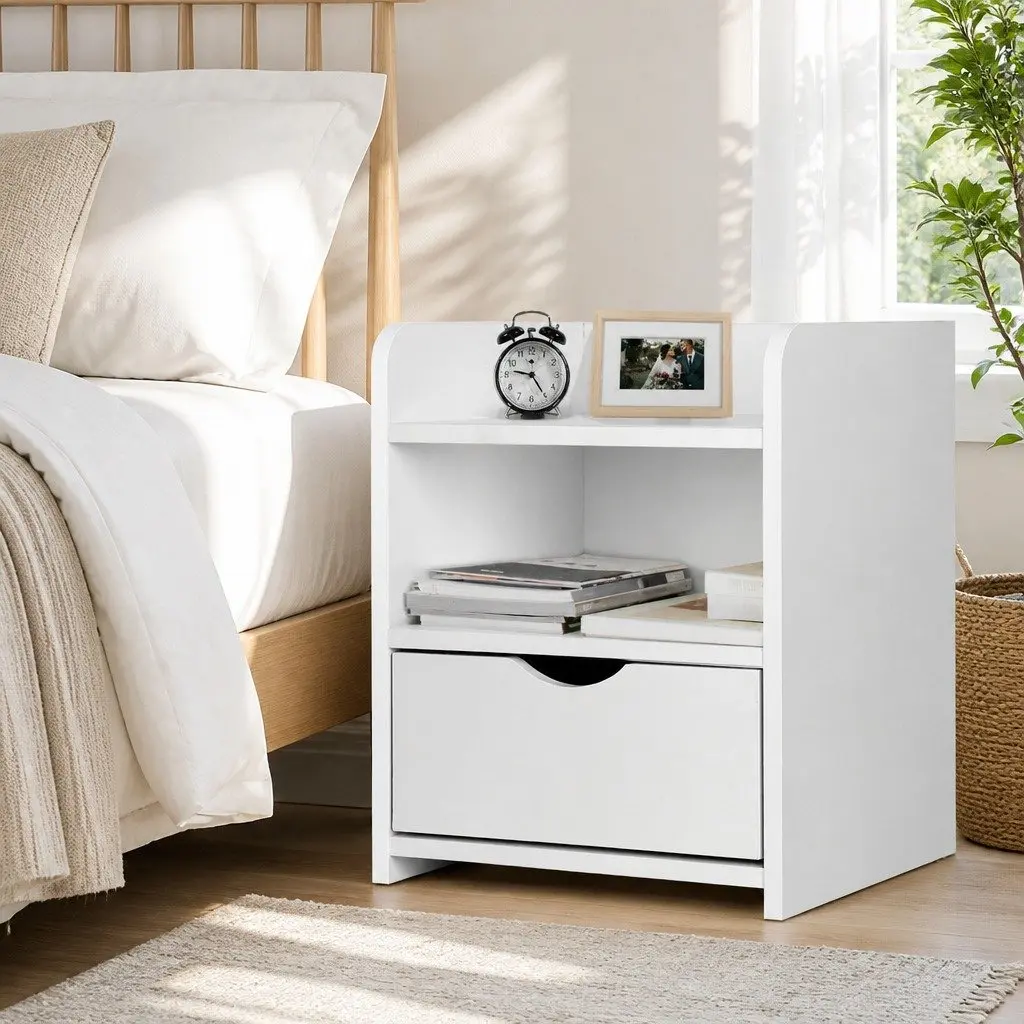 White Bedside Table with Drawer and Shelf