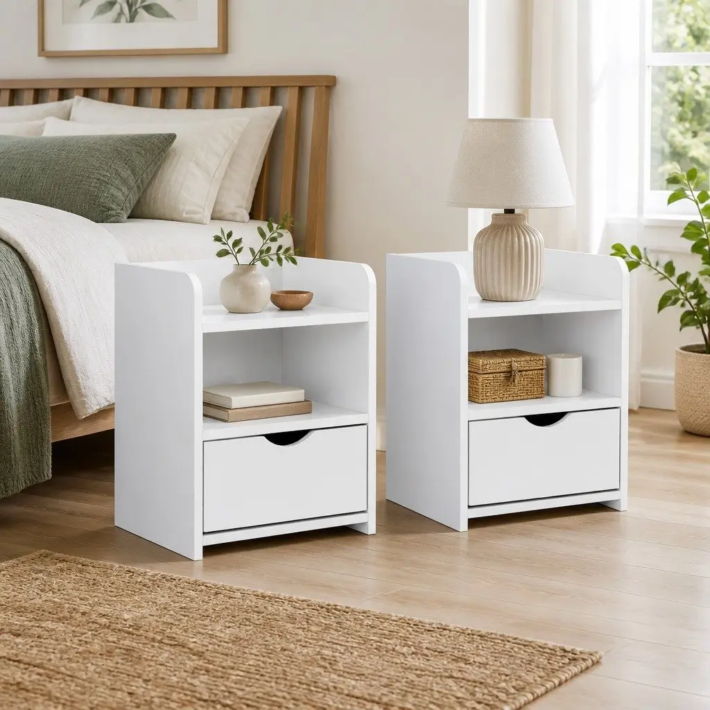 White Bedside Table with Drawer and Shelves