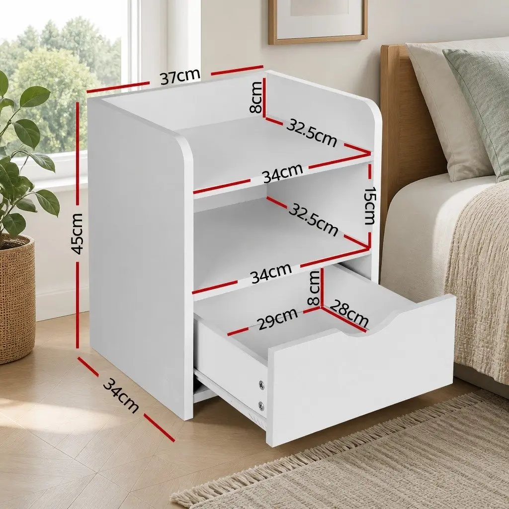 White Bedside Table with Drawer and Shelves