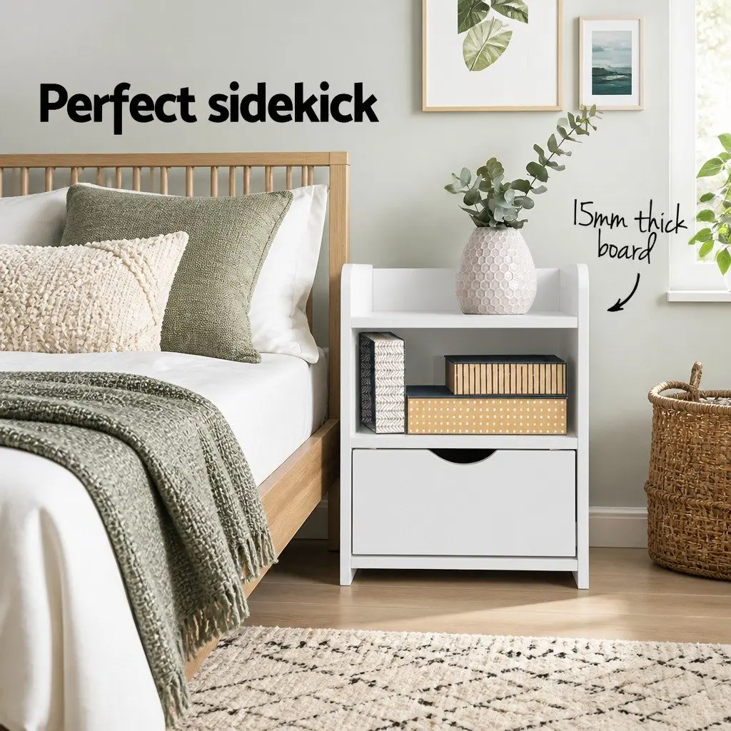 White Bedside Table with Drawer and Shelves