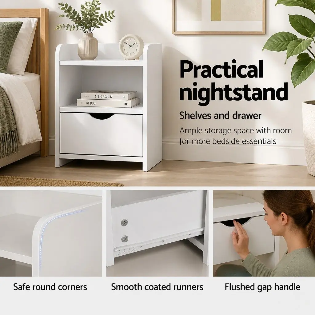 White Bedside Table with Drawer and Shelves