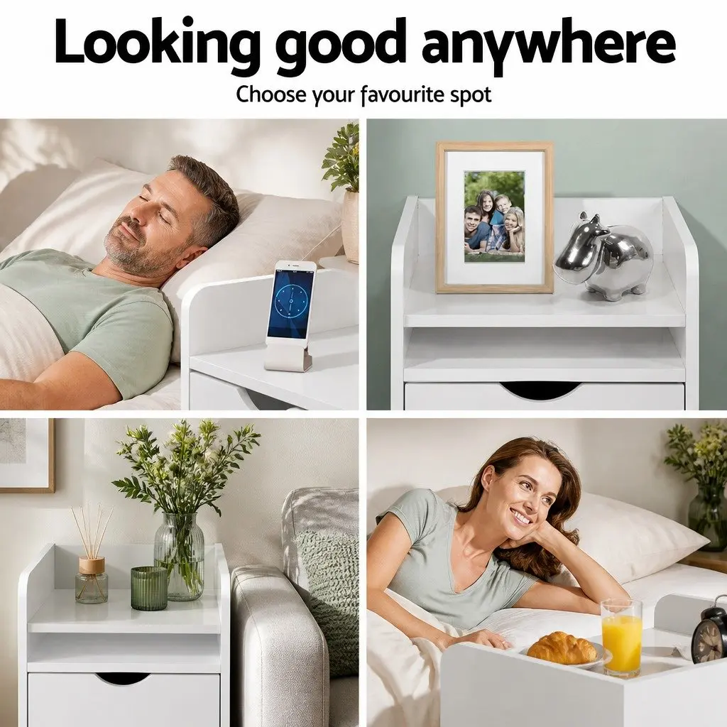 White Bedside Table with Drawer and Shelves