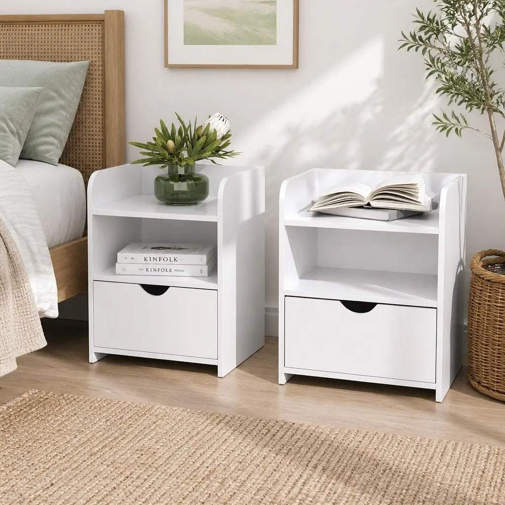 White Bedside Table with Drawer and Shelves