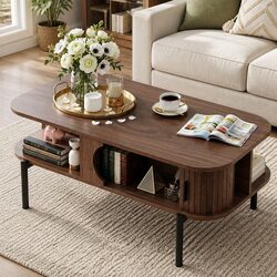 Stylish Walnut Coffee Table with Open Shelves and Cabinets