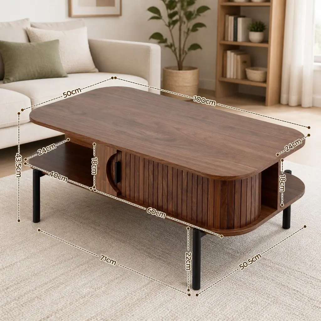 Walnut Coffee Table with Open Shelves and Cabinets