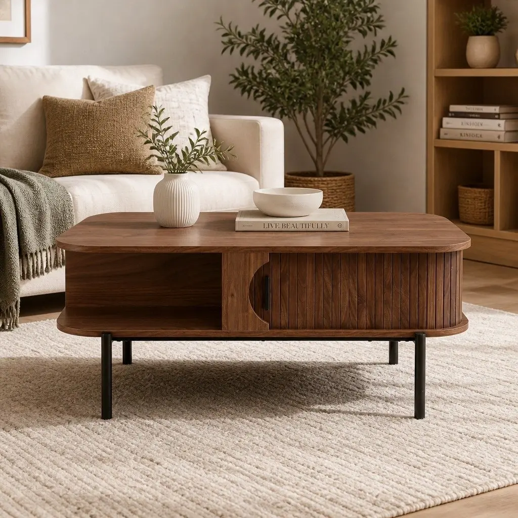 Walnut Coffee Table with Open Shelves and Cabinets