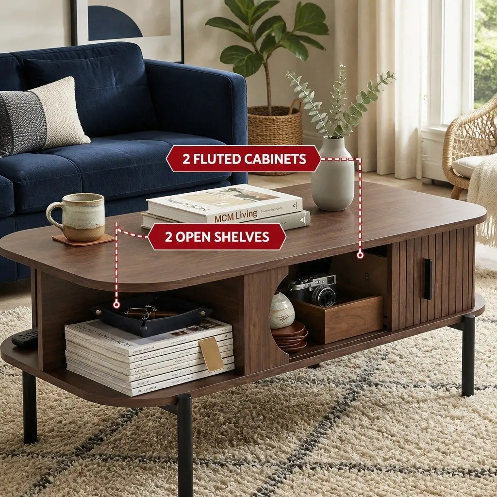 Walnut Coffee Table with Open Shelves and Cabinets