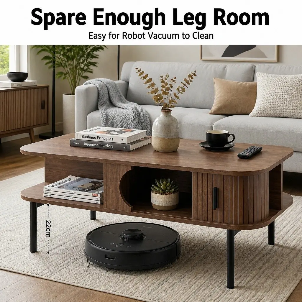 Walnut Coffee Table with Open Shelves and Cabinets