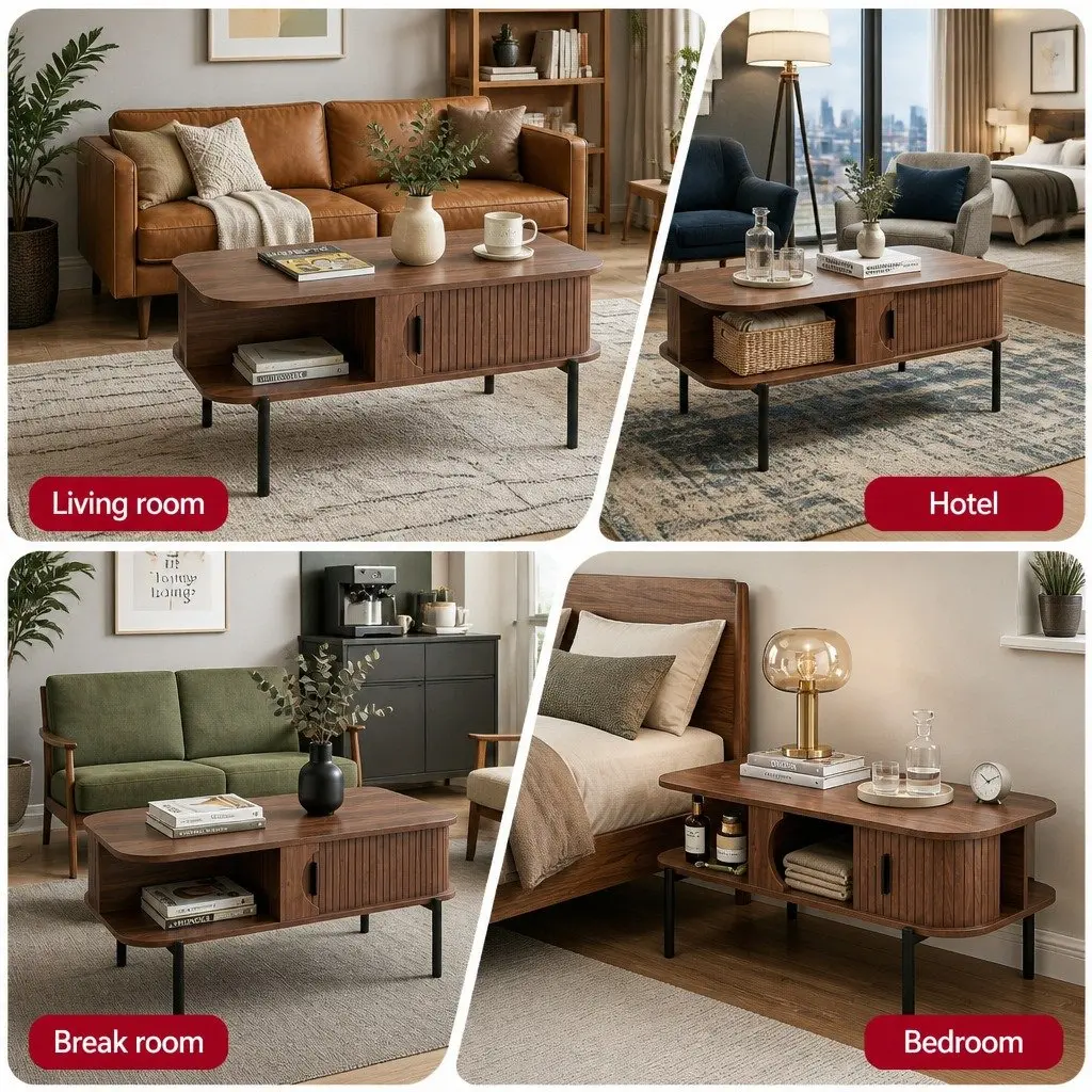 Walnut Coffee Table with Open Shelves and Cabinets