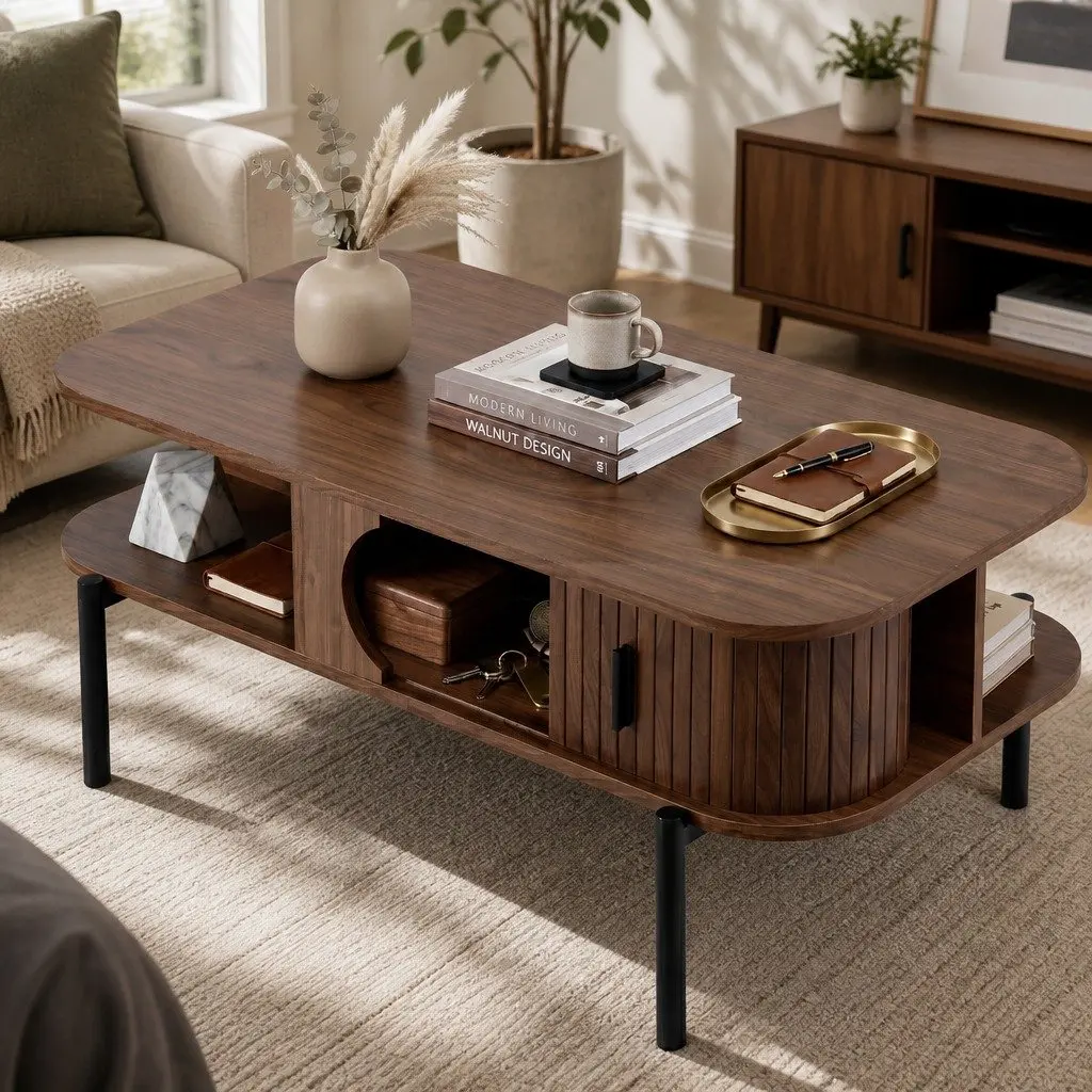 Walnut Coffee Table with Open Shelves and Cabinets