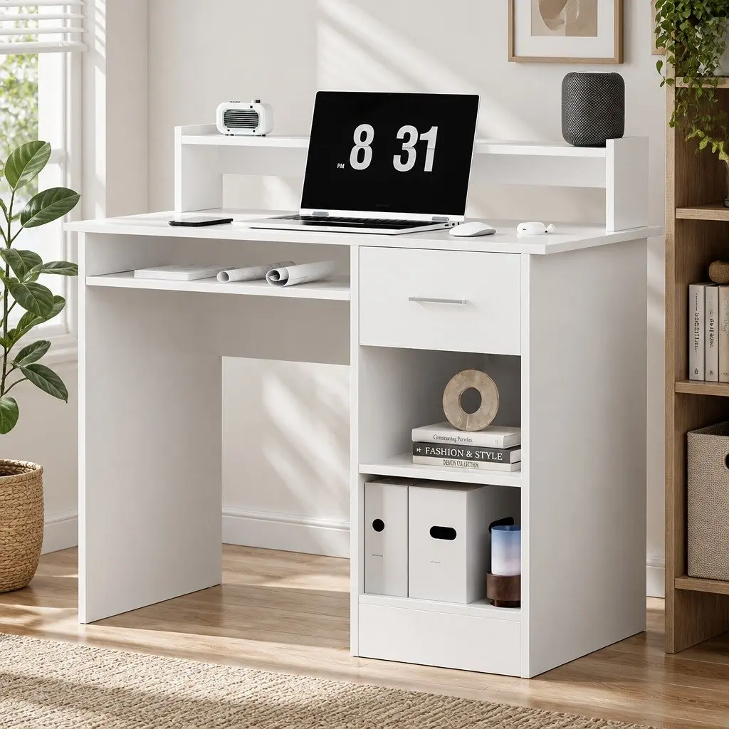 Computer Desk White 100CM Office Storage Cabinet Shelves Drawer Keyboard Tray