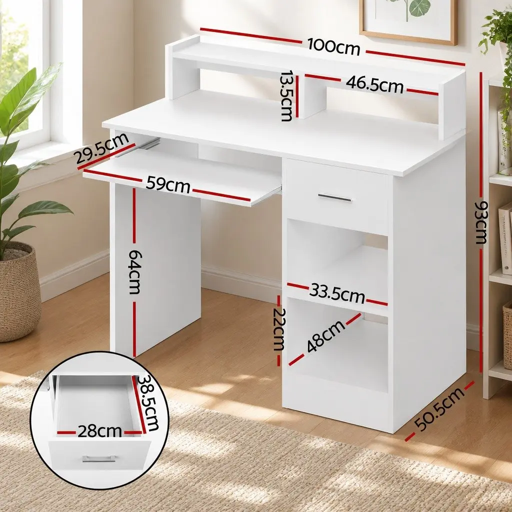 Computer Desk White 100CM Office Storage Cabinet Shelves Drawer Keyboard Tray