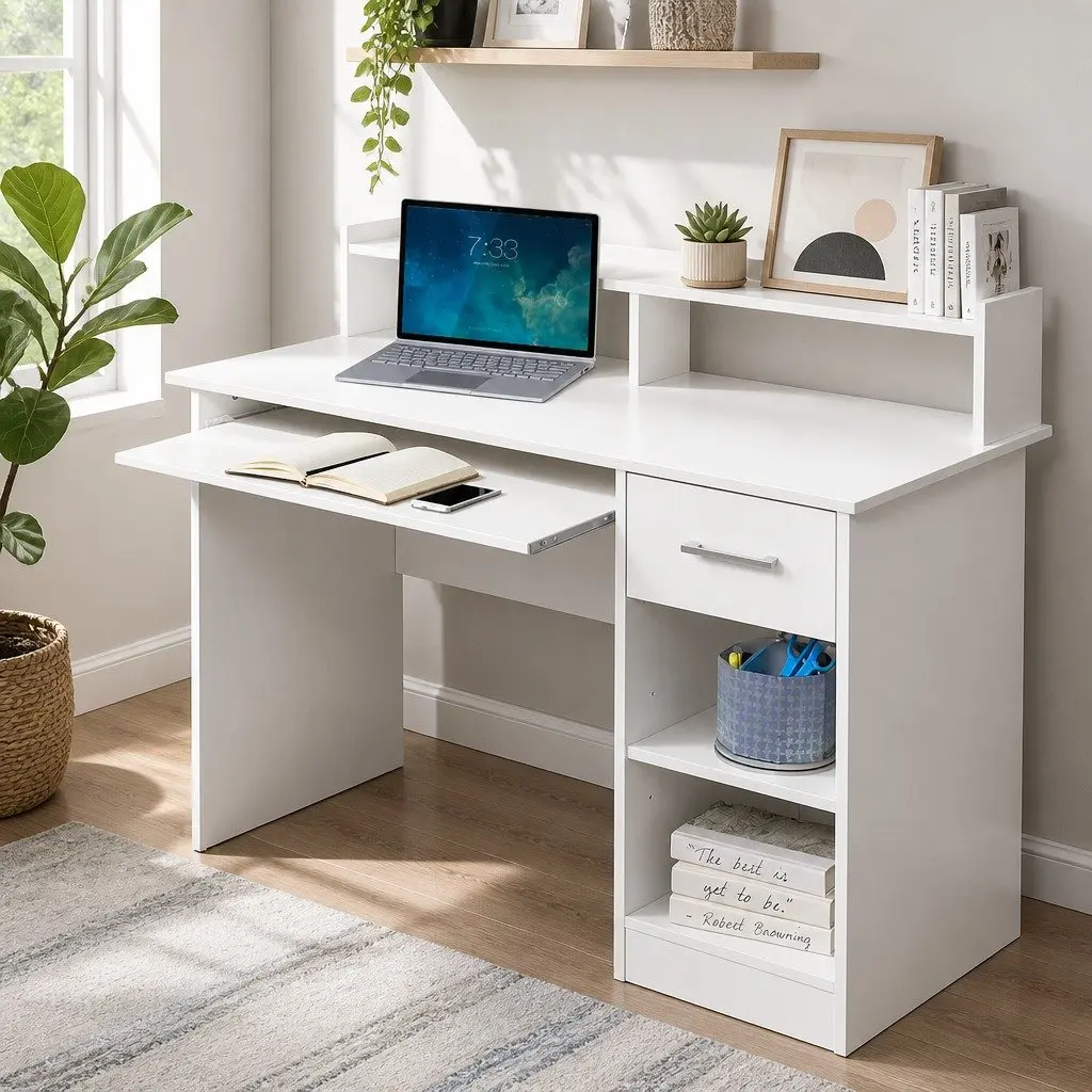Computer Desk White 100CM Office Storage Cabinet Shelves Drawer Keyboard Tray