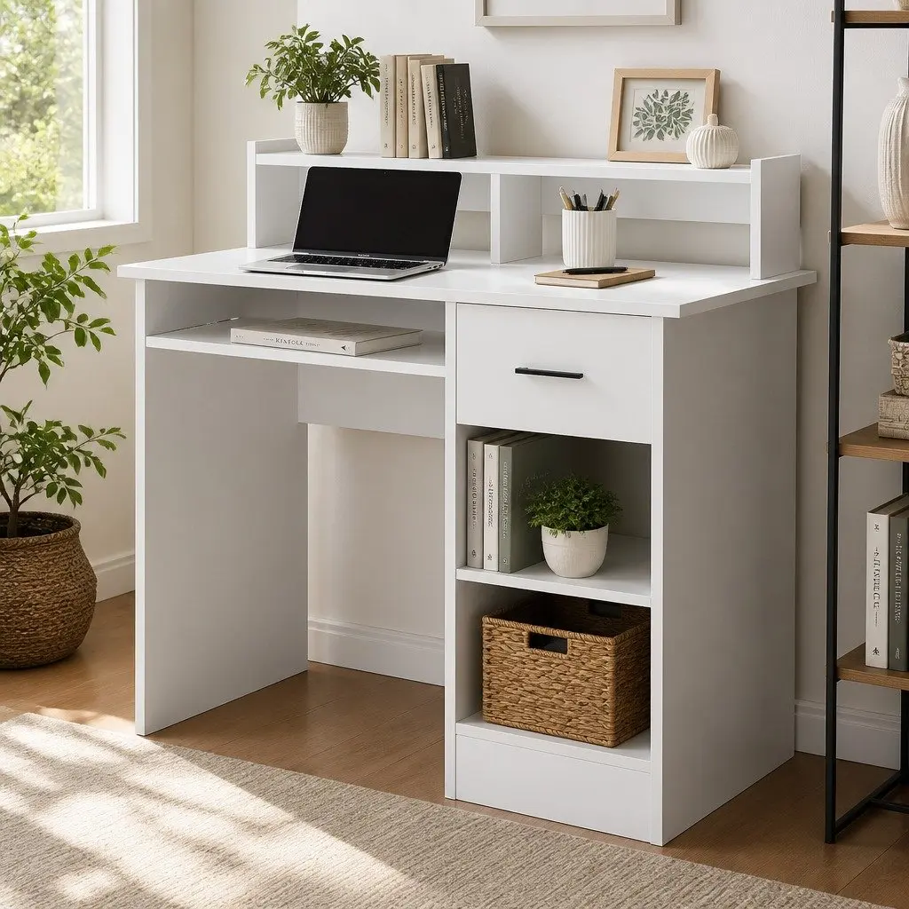 Computer Desk White 100CM Office Storage Cabinet Shelves Drawer Keyboard Tray