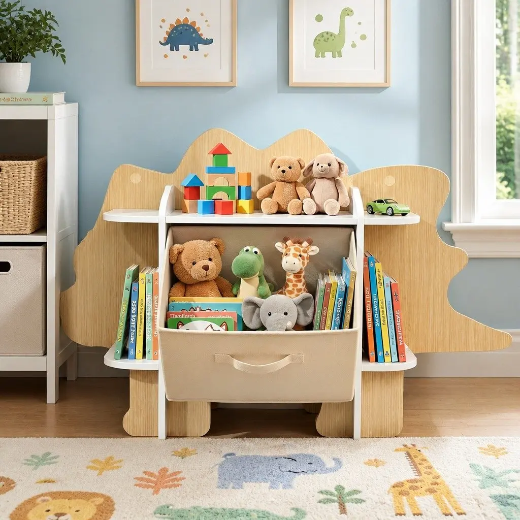 Dinosaur Kids Bookshelf 2-Tier Wooden Bookcase with Fabric Drawer Storage
