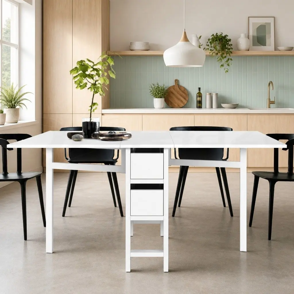 Rectangular White Extendable Dining Table with Gateleg