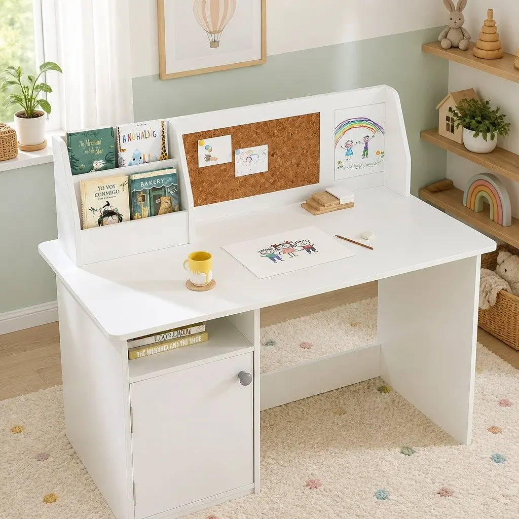 Kids Table and Chair Set MDF White 90cm x 40.5cm x 86cm with Storage Cabinet