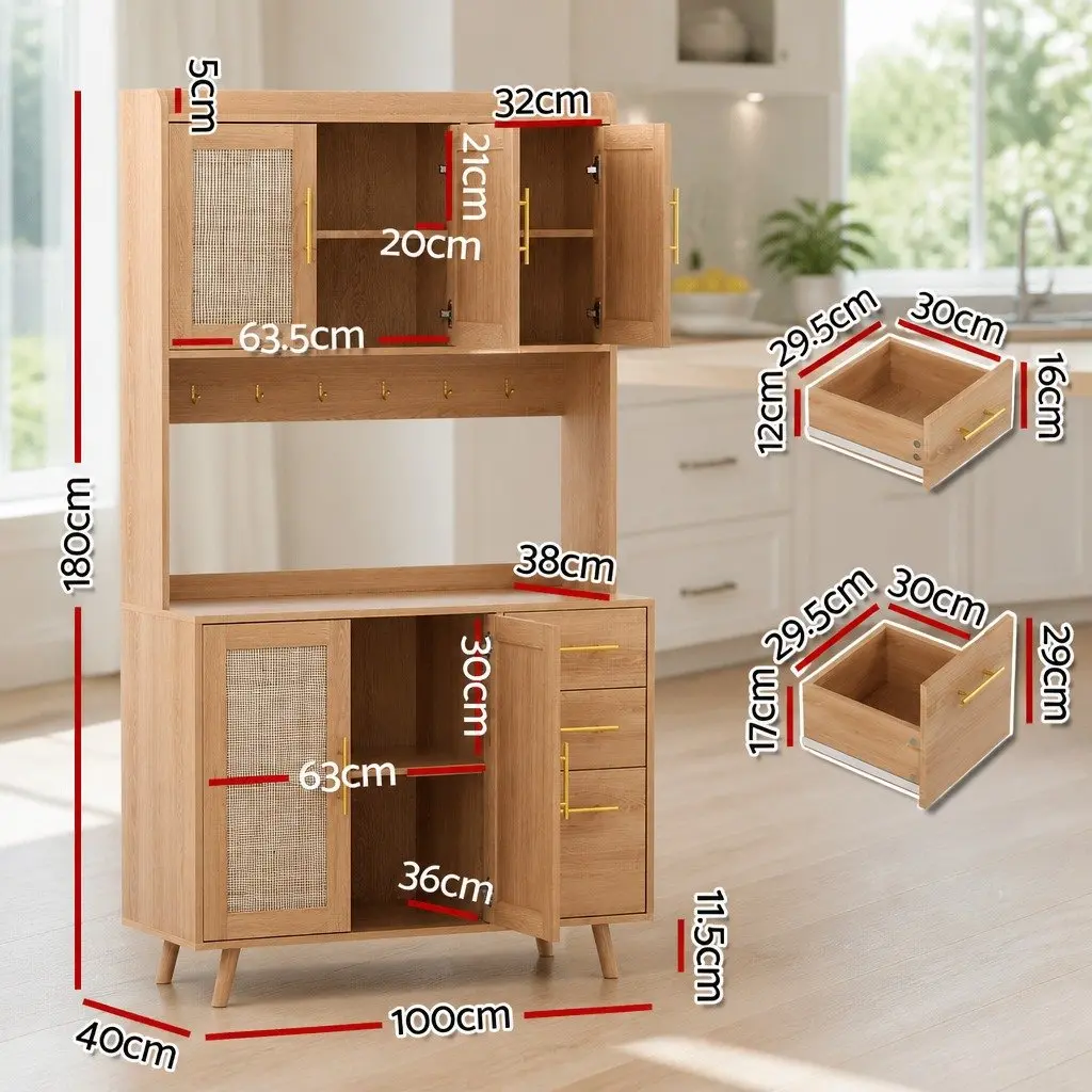 Buffet Sideboard Cabinet Particle Board MDF Rattan Pine Wood 100cm x 40cm x 180cm Pine