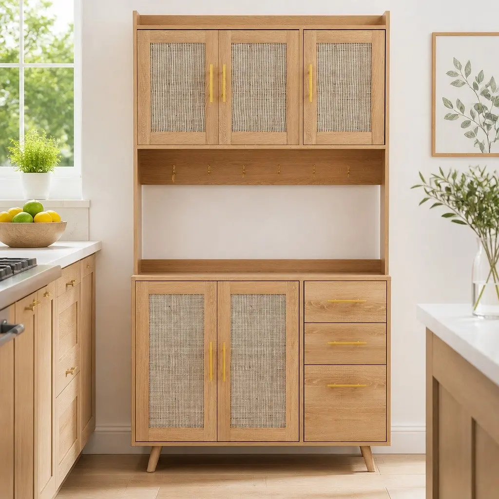 Buffet Sideboard Cabinet Particle Board MDF Rattan Pine Wood 100cm x 40cm x 180cm Pine