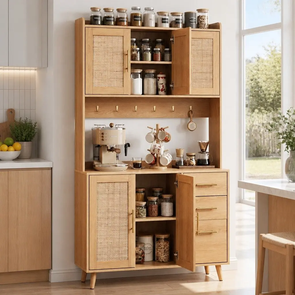 Buffet Sideboard Cabinet Particle Board MDF Rattan Pine Wood 100cm x 40cm x 180cm Pine