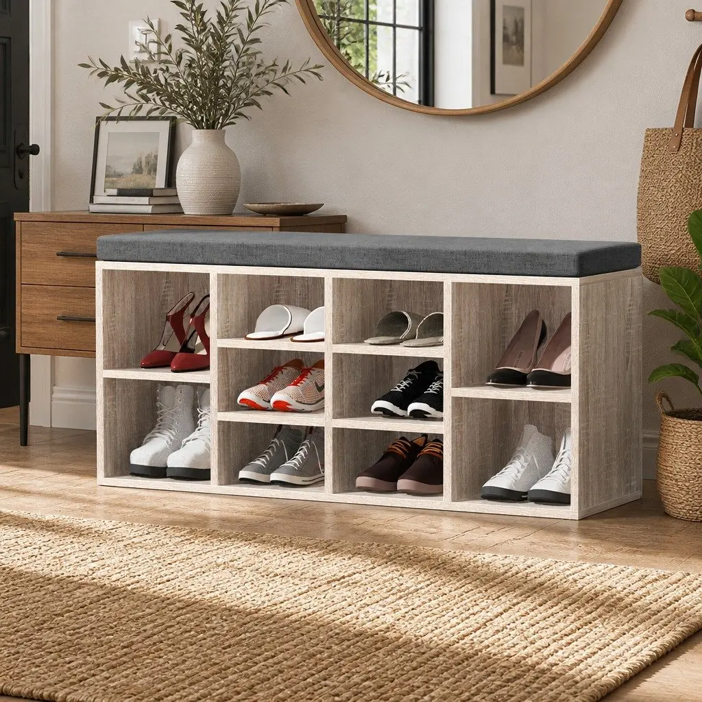 Shoe Rack Cabinet Bench Particle Board 102x30x48cm Natural Grey