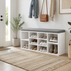 Shoe Rack Storage Cabinet Bench with 10 Compartments Fabric Seat White Grey